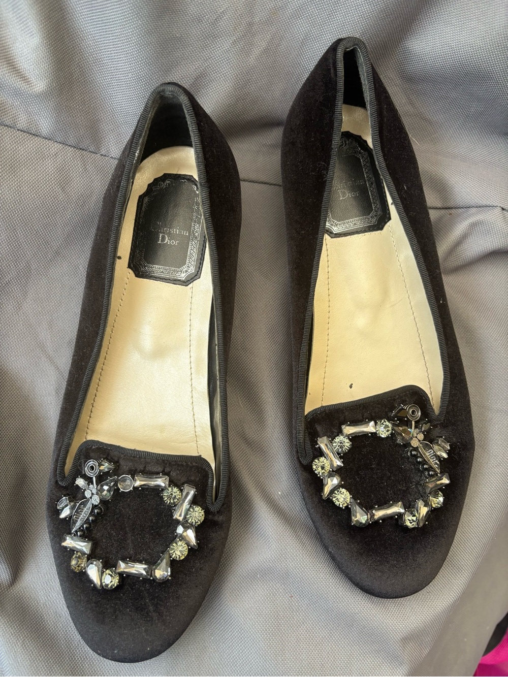 Dior Black Velvet Crystal-Embellished Women's Flats
